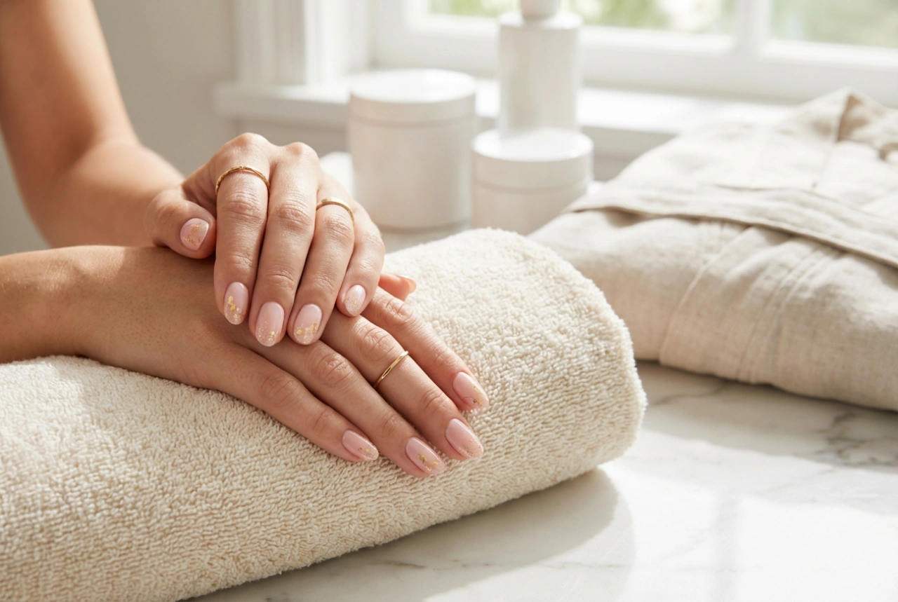 Unghie rosa e oro: foil, polveri e accenti raffinati per una manicure elegante