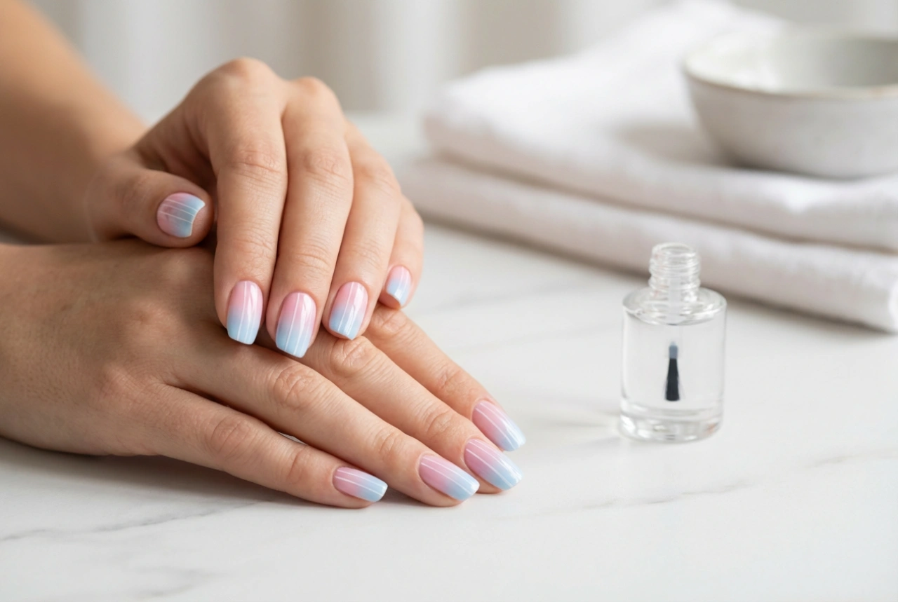 Unghie rosa e azzurre: ombre sfumato, righine eleganti e protezione del colore