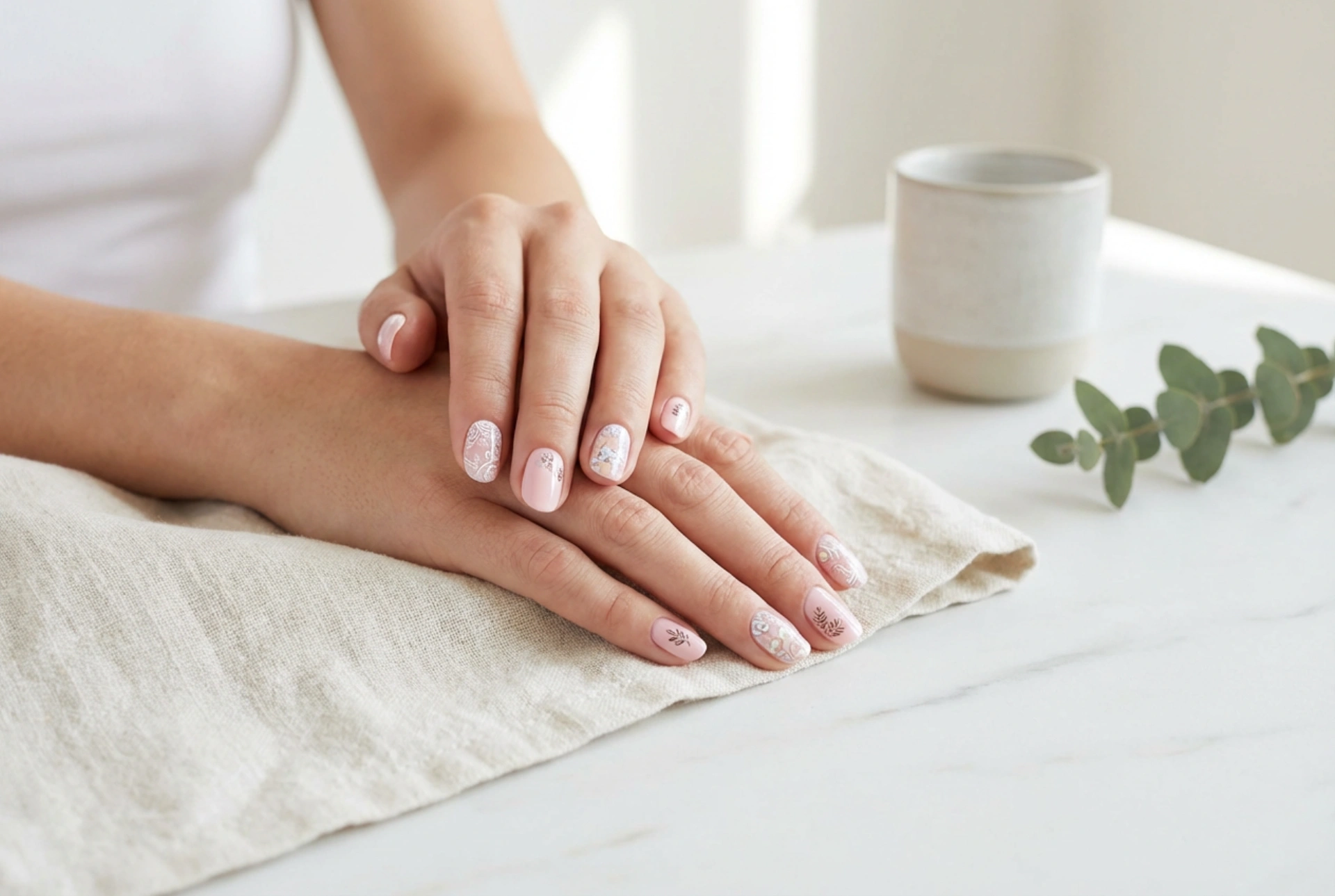 Unghie rosa con fiori: stamping, adesivi e pittura a mano