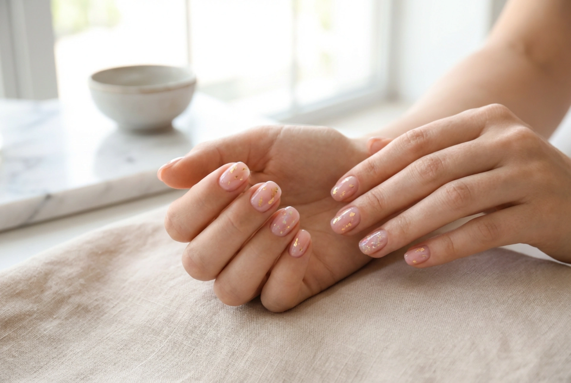 Unghie rosa e oro: lamine delicate, fiocchi e top coat trasparente