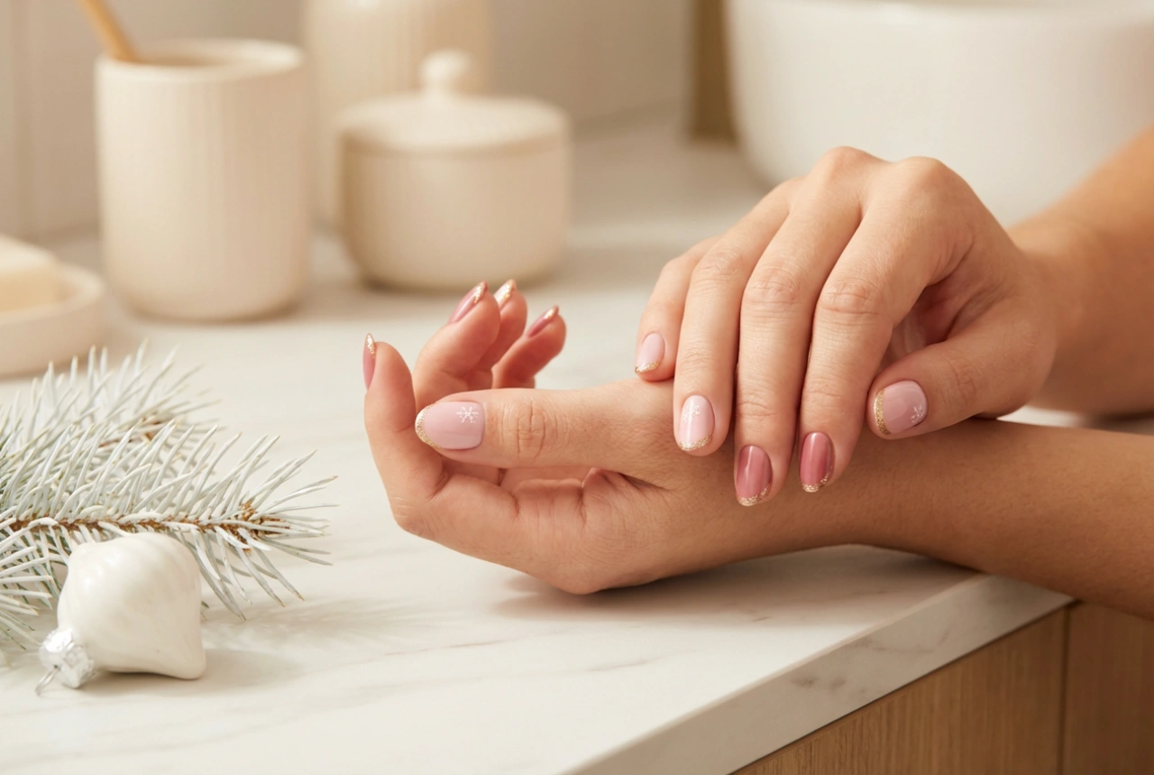 Unghie natalizie rosa: disegni semplici, glitter e adesivi