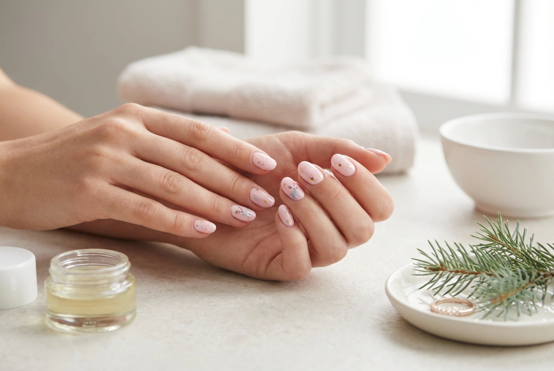 Unghie natalizie rosa: renne pastello, stelline e glitter