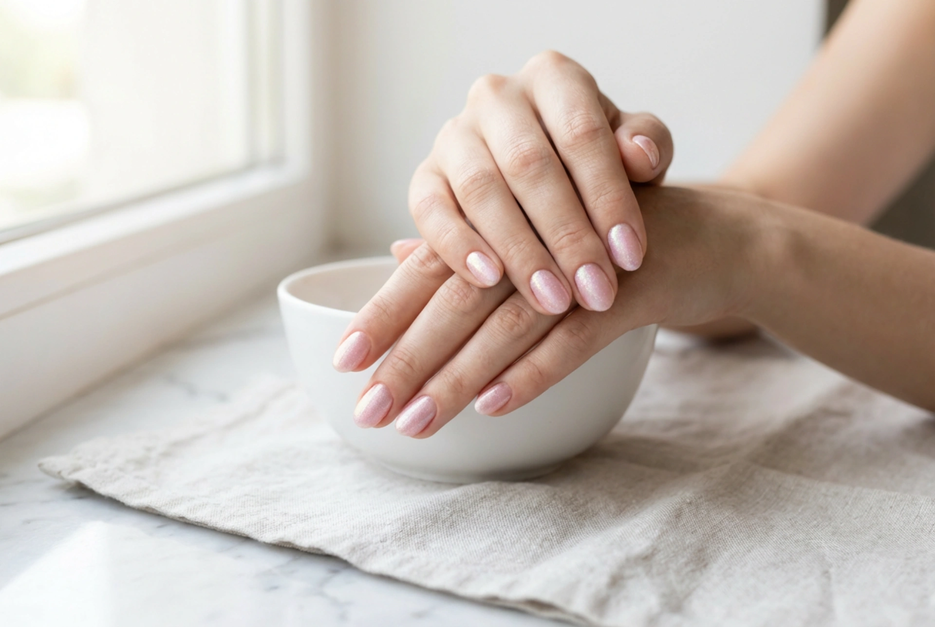 Effetto polvere sulle unghie: unghie rosa con polvere senza striature