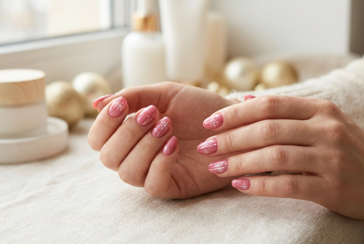 Natale in rosa: unghie natalizie rosa con decorazioni semplici