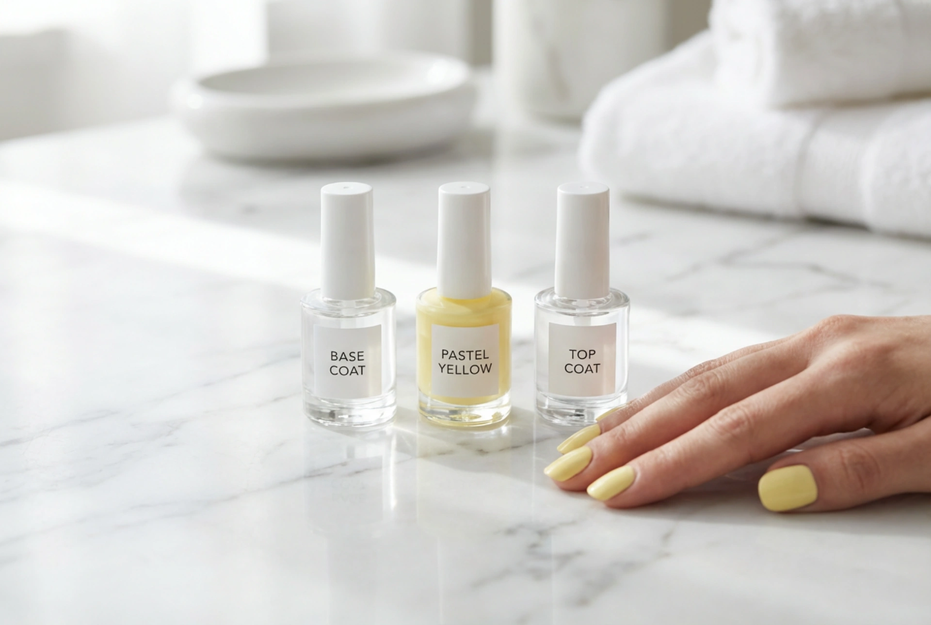 Unghie giallo pastello senza striature: base, stratificazione e top coat
