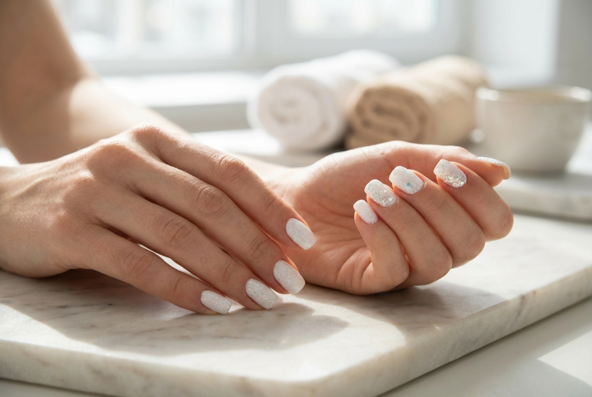 Unghie bianche glitterate: dalla polvere delicata al glitter audace
