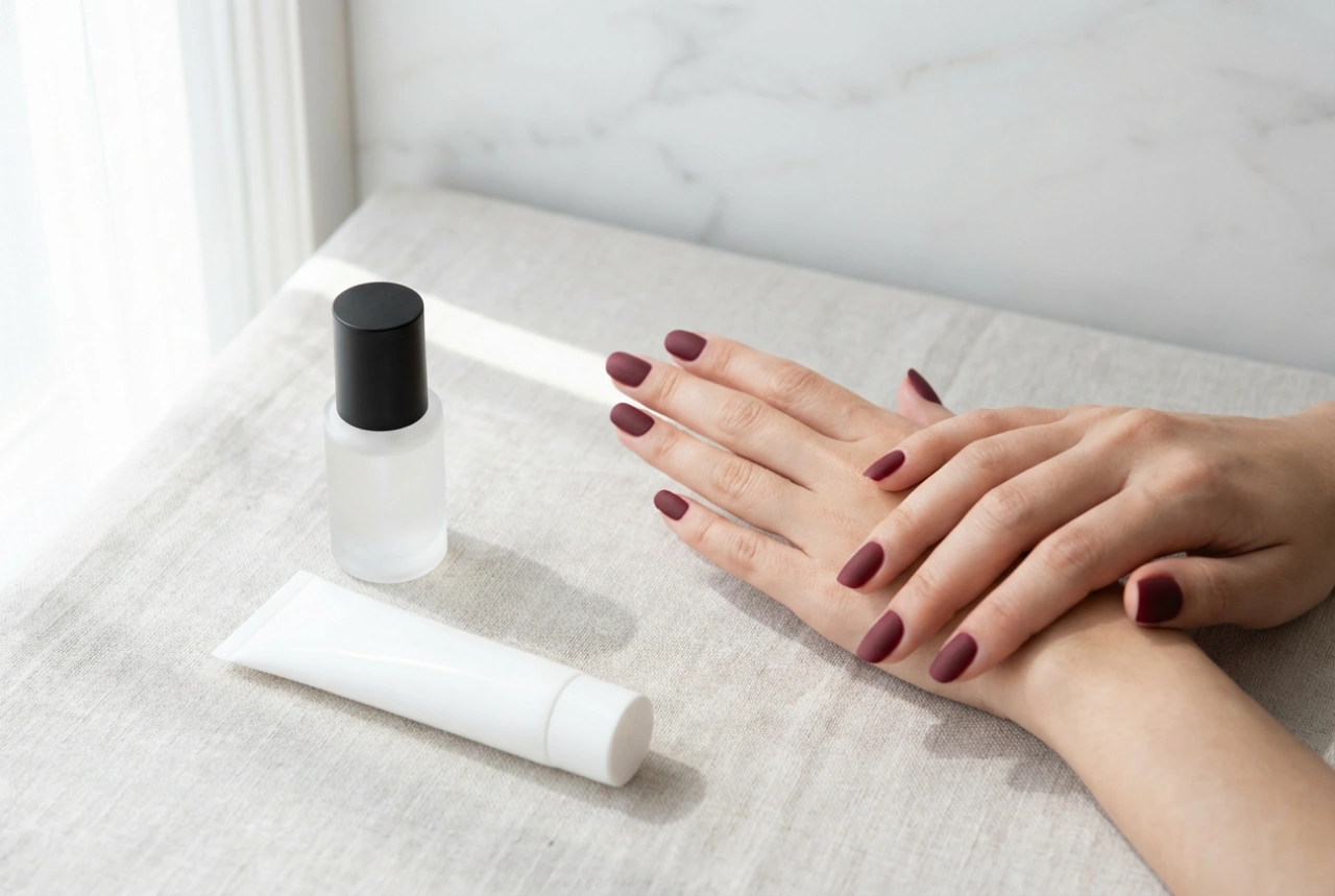 Unghie bordeaux opache: profondità del colore, top coat opaco e cura
