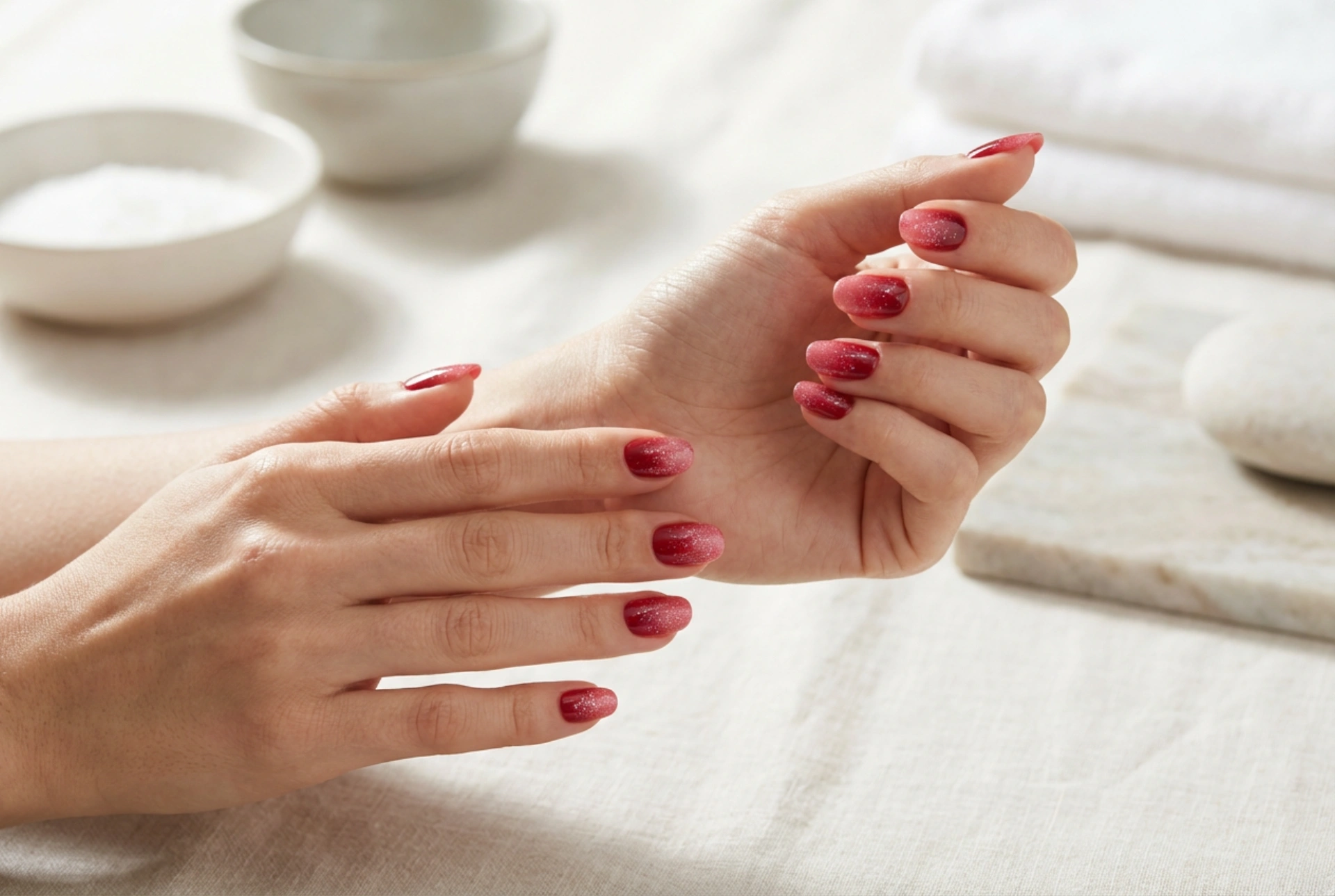 Unghie ombre rosse con glitter: sfumature perfette e brillantezza senza disordine