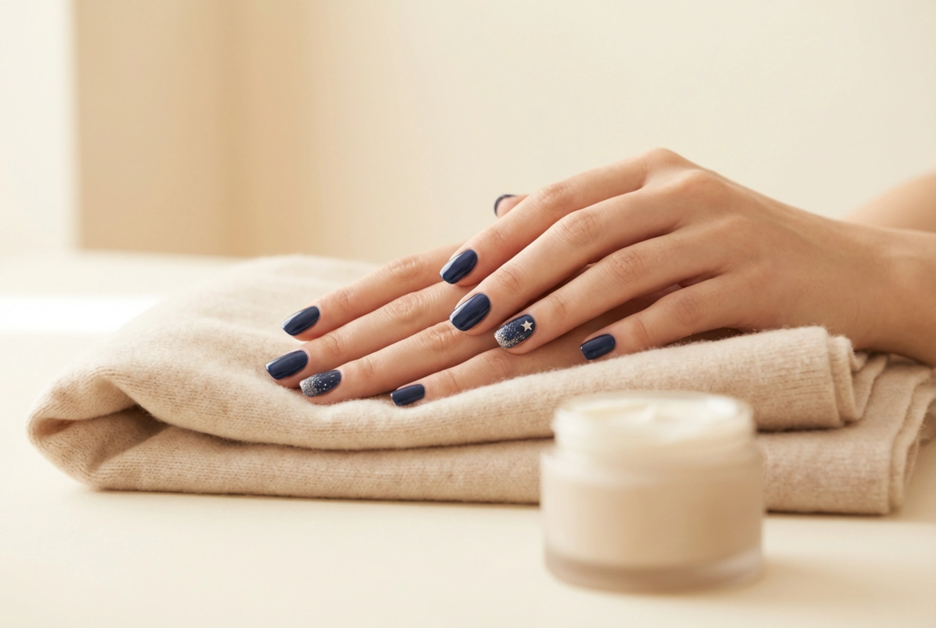 Unghie natalizie blu navy: tecniche con stelline e glitter delicati
