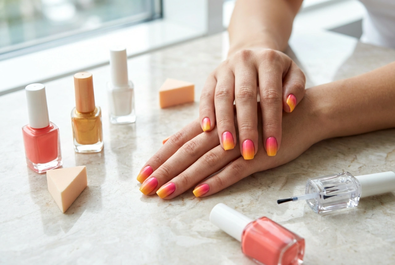 Ombre colorato sulle unghie: miscelazione delle tonalità, spugnetta e fissaggio