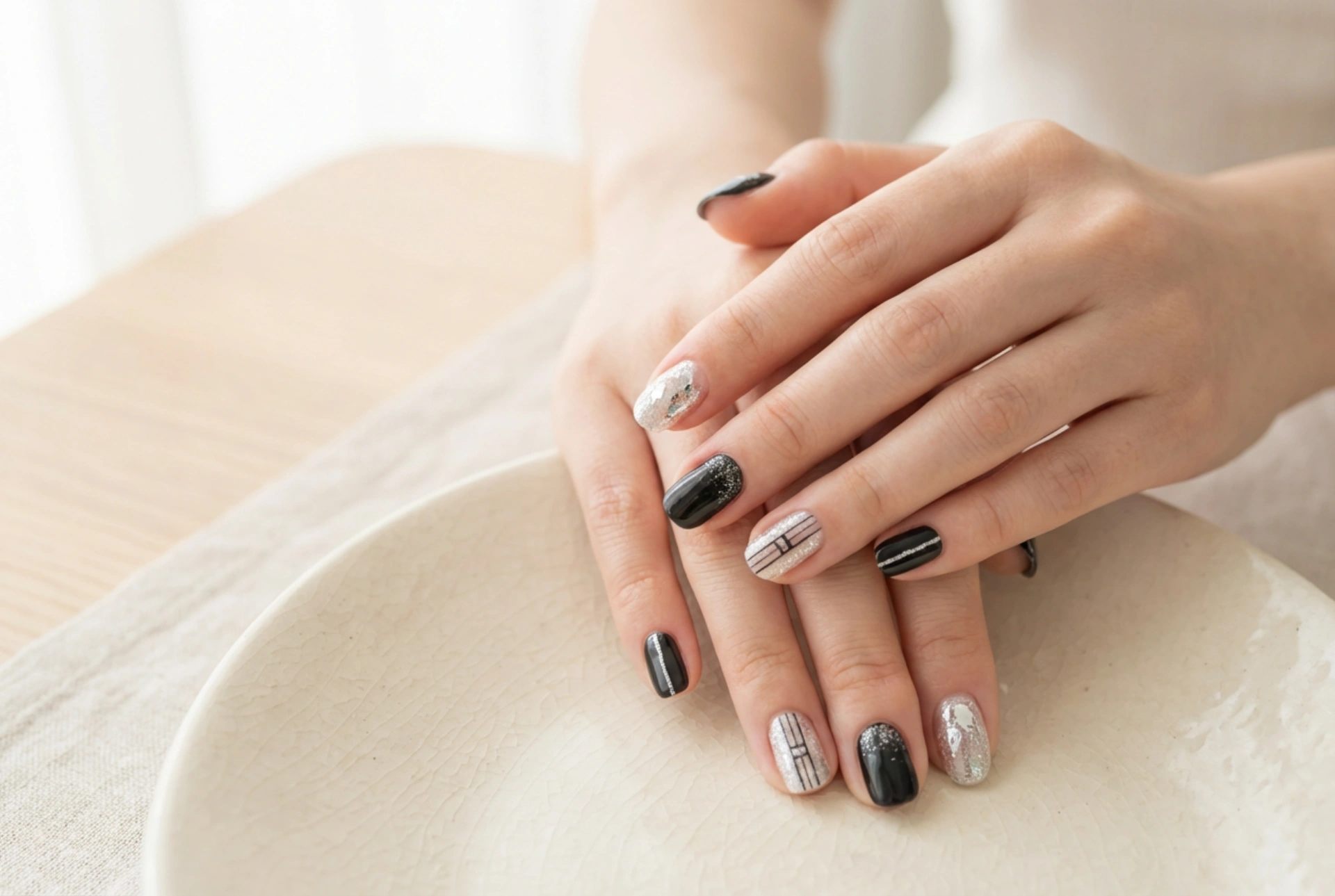 Unghie nere e argento: come abbinare argento e nero, linee, foil e glitter