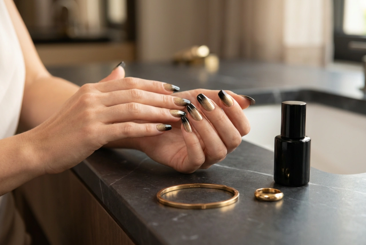 Unghie ombre nero e oro: un effetto elegante per la sera