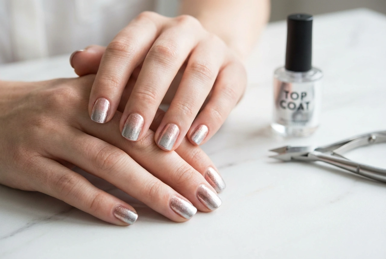 Unghie metalliche ombré: polveri, applicazione e protezione con il top coat