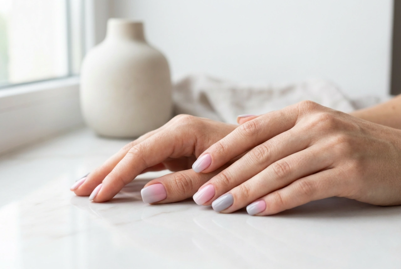 Unghie ombre rosa e grigio: un binomio elegante per il lavoro e la sera