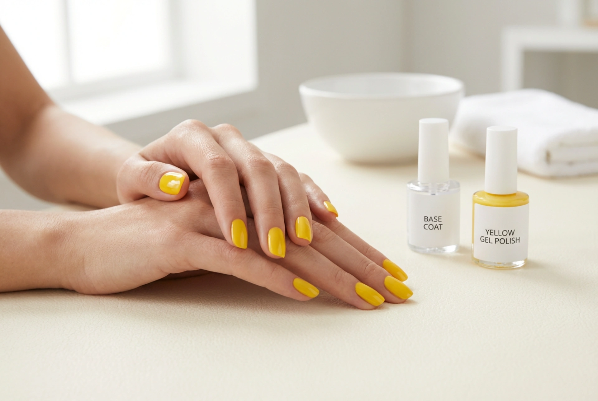 Smalto semipermanente giallo senza striature: base e strati sottili
