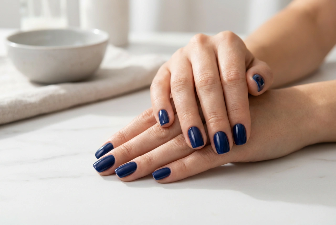 Smalto semipermanente blu navy: copertura profonda senza sbavature sulle cuticole