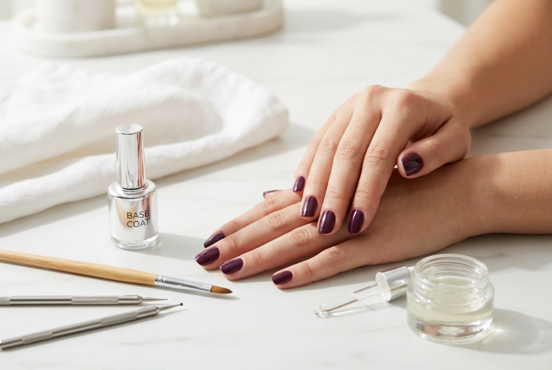 Unghie ibride color prugna: preparazione della lamina, applicazione e decorazioni